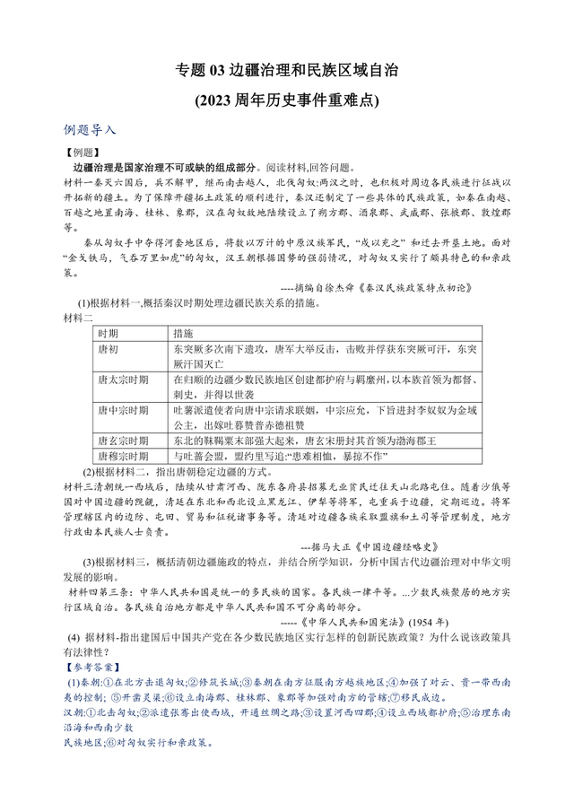 2024年中考歷史重難點專項訓練（含答案）
