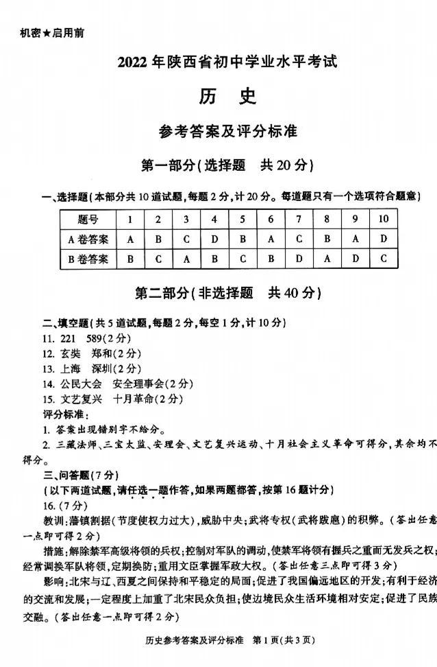 2022年陜西省中考?xì)v史真題及答案